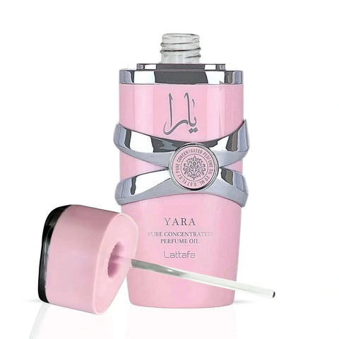 Yara Concentrated Perfume Oil by Lattafa in a 20ml bottle, featuring elegant packaging and rich, fragrant oil inside.