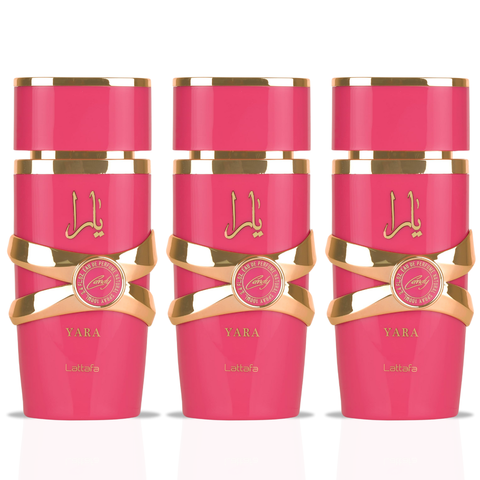 Three bottles of Yara Candy Eau de Parfum Spray by Lattafa, 100ml each, in a value pack with colorful packaging.
