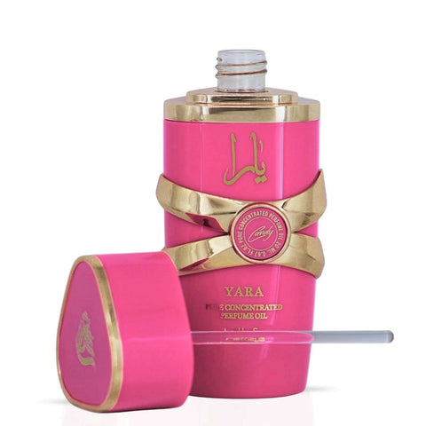 Yara Candy concentrated perfume oil by Lattafa, 20ml, in a sleek bottle, showcasing the luxurious fragrance packaging.