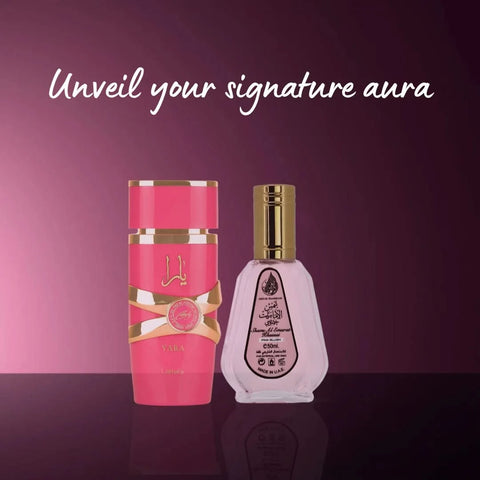 Bundle of Yara Candy Eau de Parfum spray by Lattafa and Pink Blush Shams Al Emarat by Ard Al Zaafaran, featuring elegant perfume bottles.