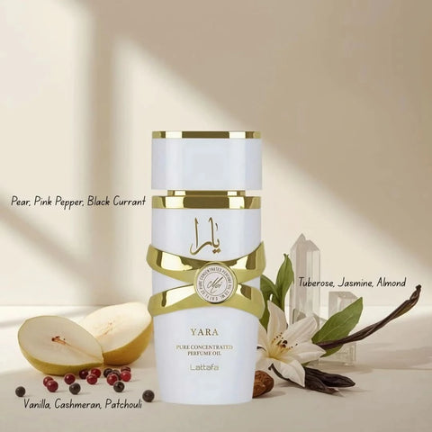 Yara Moi Concentrated Perfume Oil by Lattafa, 20ml bottle, featuring elegant packaging and a luxurious fragrance.