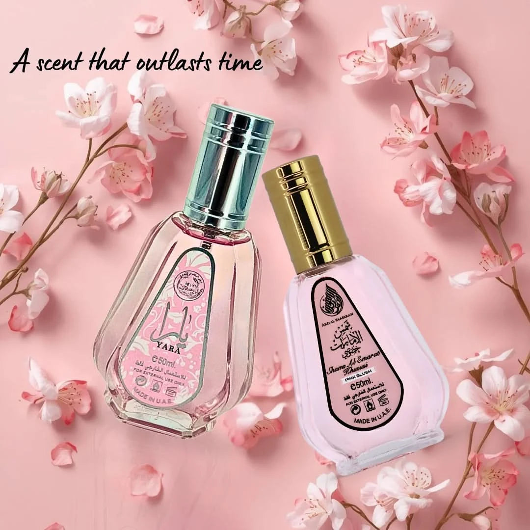 Bundle of Yara Pink Blush and Shams Al Emarat Khususi Eau de Parfum sprays by Ard Al Zaafaran, featuring floral and oriental fragrances.
