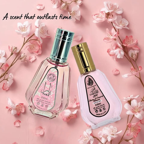 Bundle of Yara Pink Blush and Shams Al Emarat Khususi Eau de Parfum sprays by Ard Al Zaafaran, featuring floral and oriental fragrances.