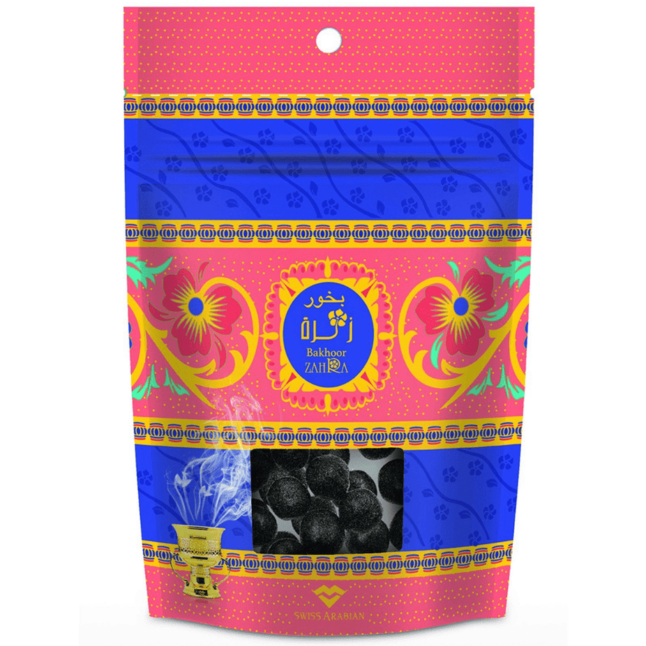Swiss Arabian Bakhoor Zahra 40 GM with fragrant aromatic blend in a decorative container, traditional Middle Eastern incense.