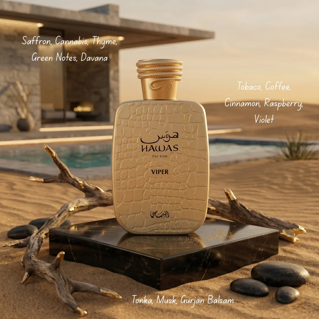 Rasasi Hawas Viper 3-piece perfume gift set with bottles and packaging, elegant design for gifting or personal use.