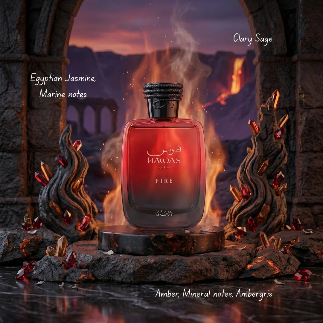 Hawas Fire 3-piece perfume gift set by Rasasi, including bottles with elegant packaging and matching fragrance designs.