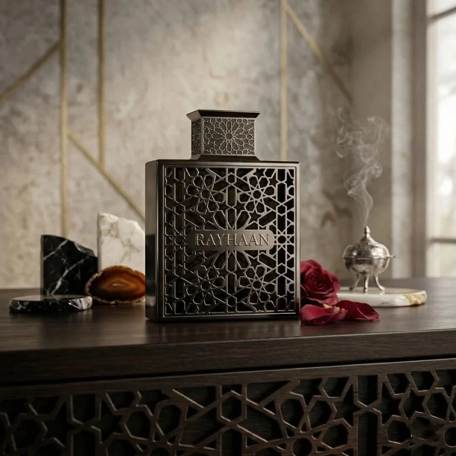 Rayhaan Obsidian Eau de Parfum spray 100ml bottle with sleek black design and elegant cap, showcasing the Rayhaan brand.