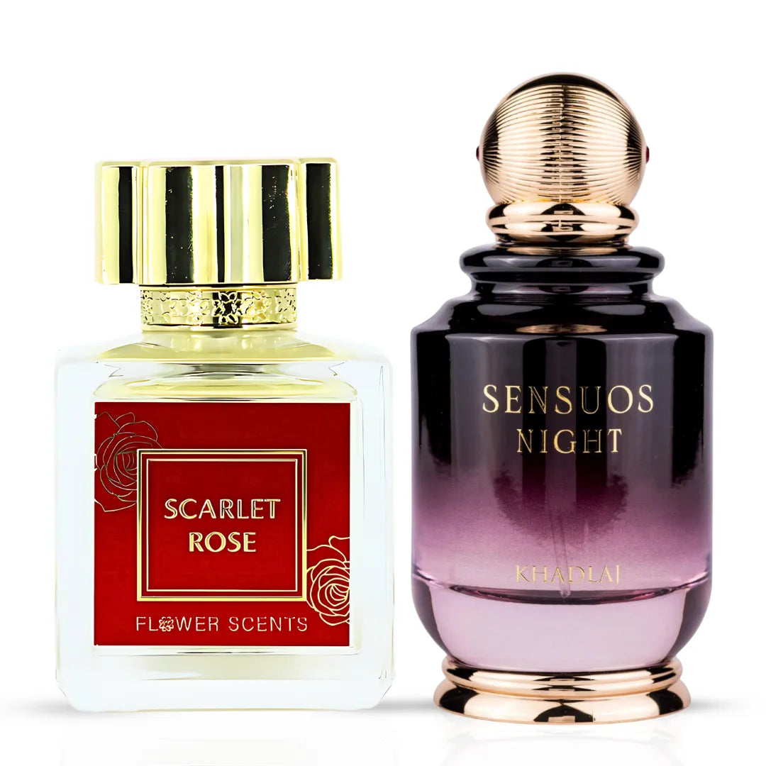 Bundle of Intense Oud Scarlet Rose and Sensuos Night Eau de Parfum sprays, featuring floral and oriental fragrances in 65ml and 100ml bottles.