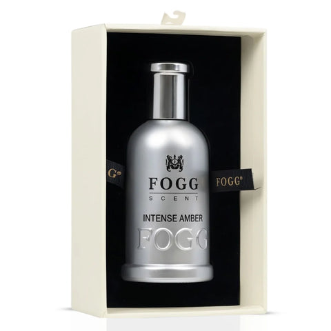 Intense Amber for Men Fogg Eau de Parfum spray bottle, 100ml, with amber-toned liquid and sleek design.