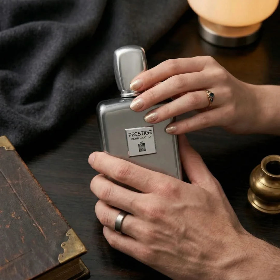 Aura by Aura Prestige Vanilla Oud Eau De Parfum Spray 100ml bottle with elegant packaging and floral accents.