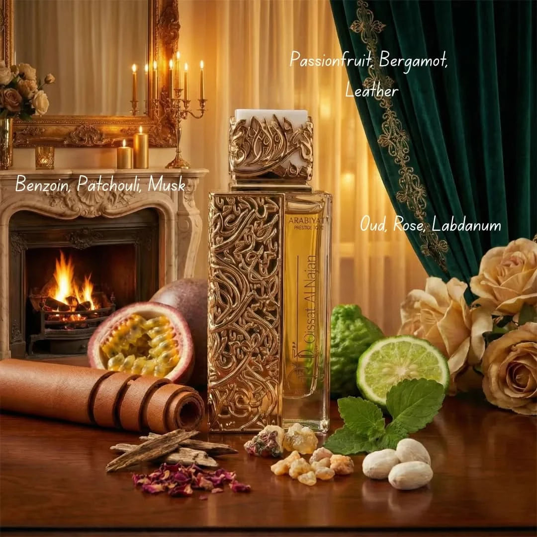 Arabiyat Prestige Qissat Al Najah Nedawi Eau de Parfum spray 100ml, featuring elegant packaging and a luxurious fragrance.