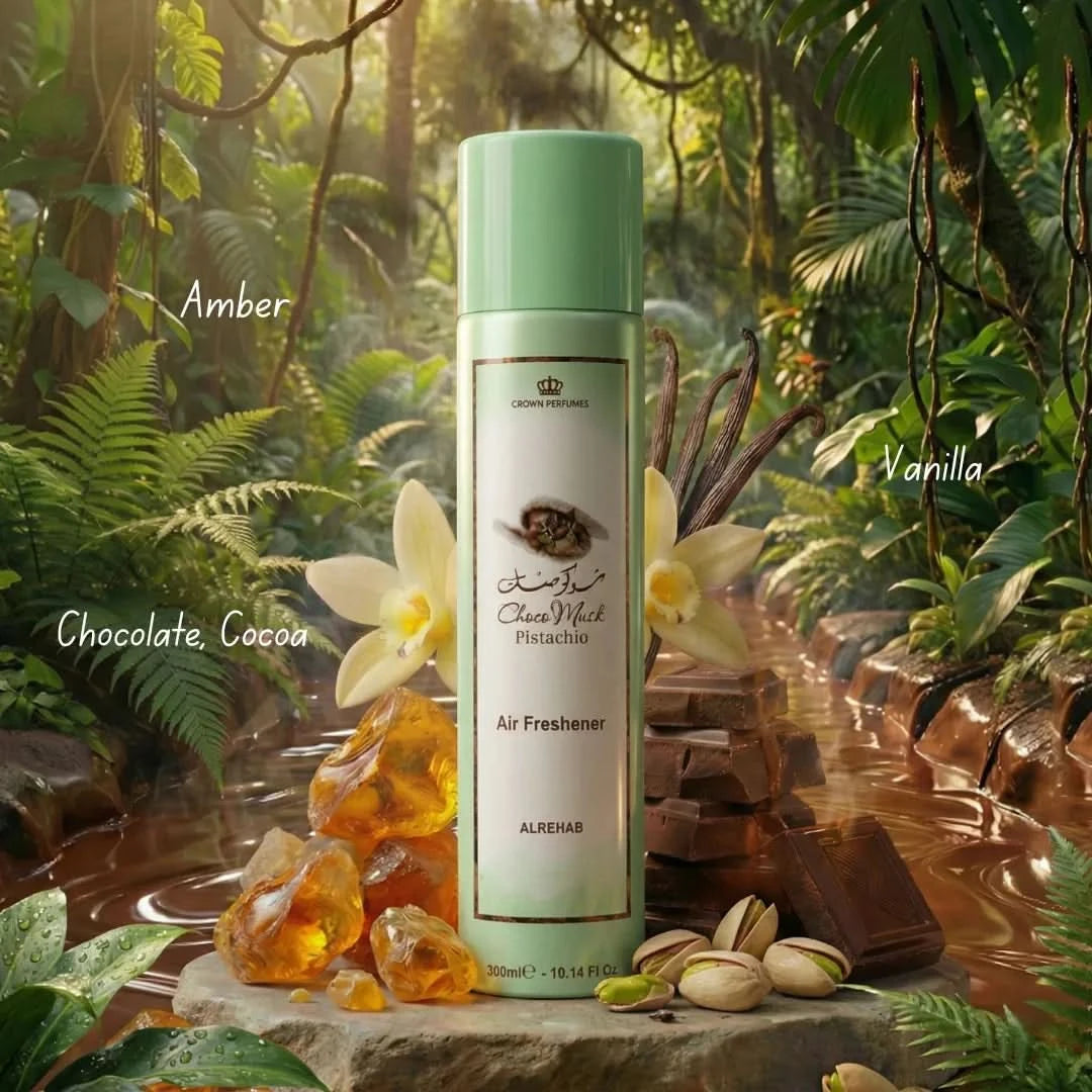 Al Rehab Choco Musk Pistachio air freshener 300ml bottle with a sleek design and pistachio and musk scent description.