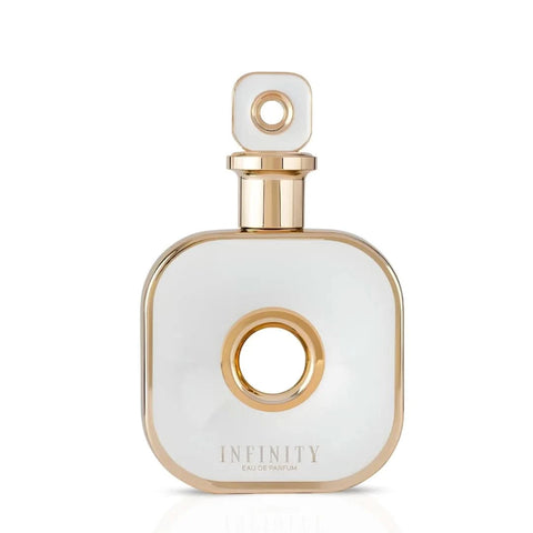 Armaf Infinity Gold Eau de Parfum spray in a velvet pouch, 105ml, featuring a luxurious gold bottle design.