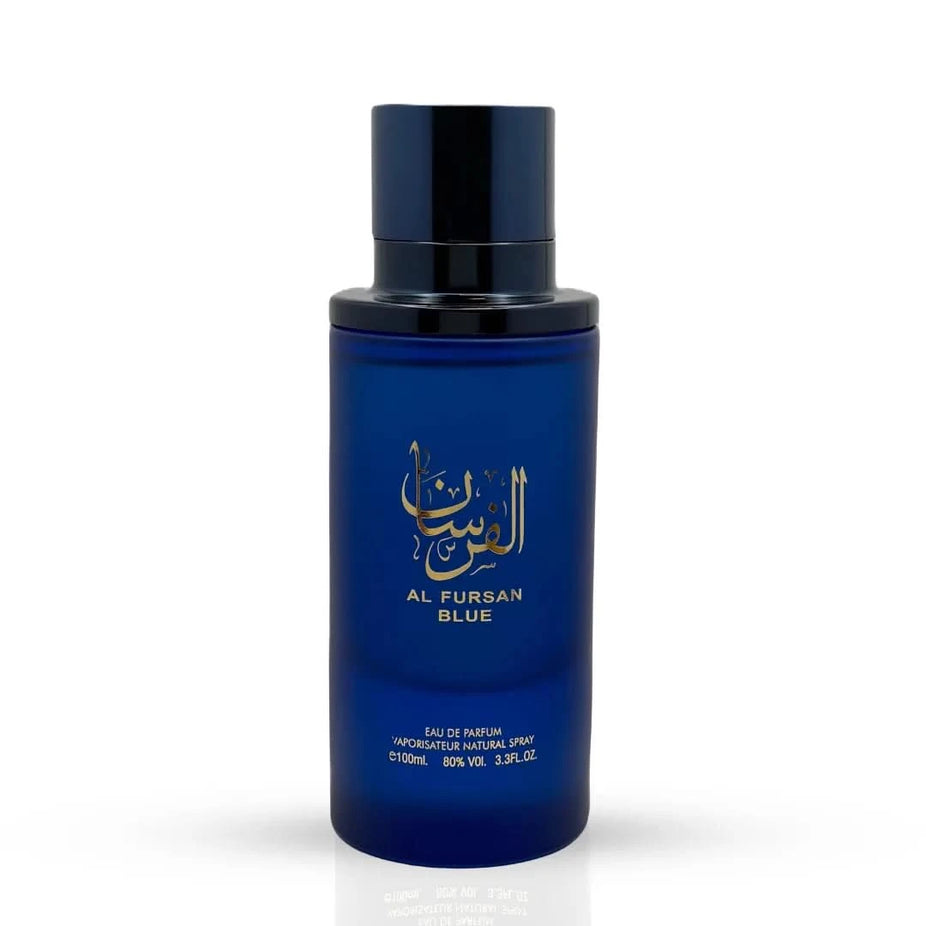 Aura Fragrances Al Fursan Blue Eau De Parfum spray 100ml, sleek blue bottle of EDP with elegant design.