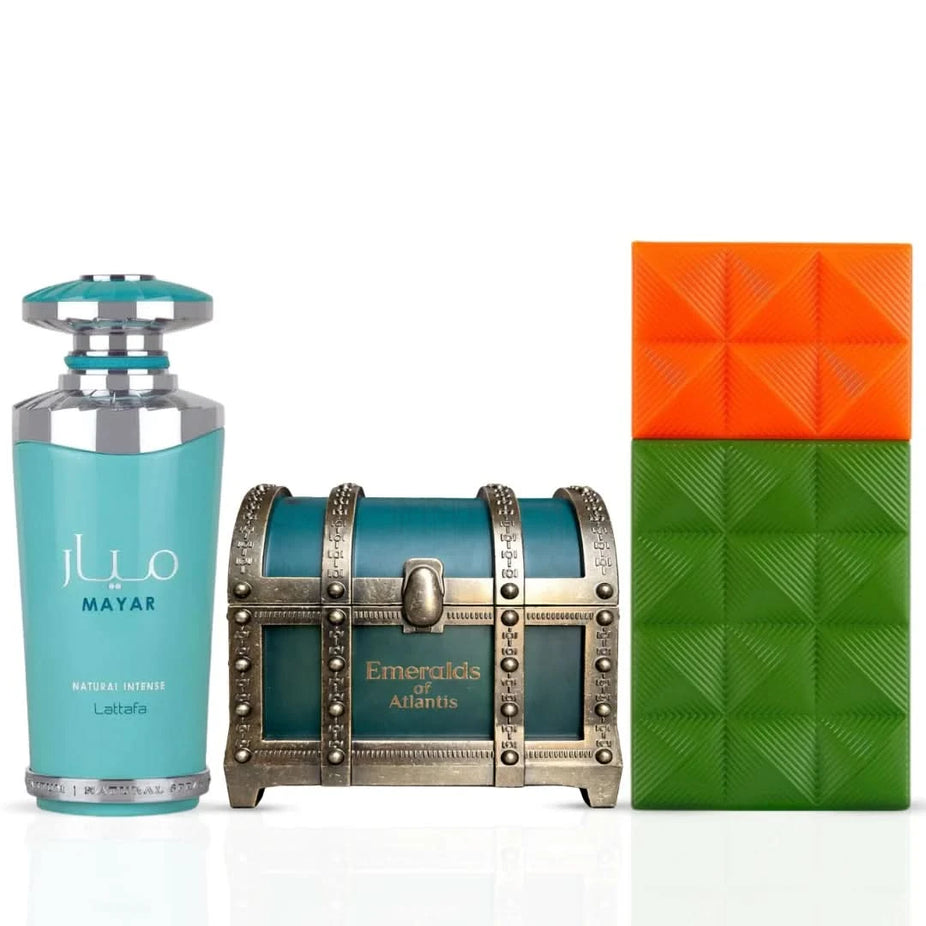 Bundle of Elite Risala Bubbliz Melodrop and Lattafa Mayar Natural Intense Eau de Parfum sprays, 100ml, featuring vibrant and elegant fragrances.
