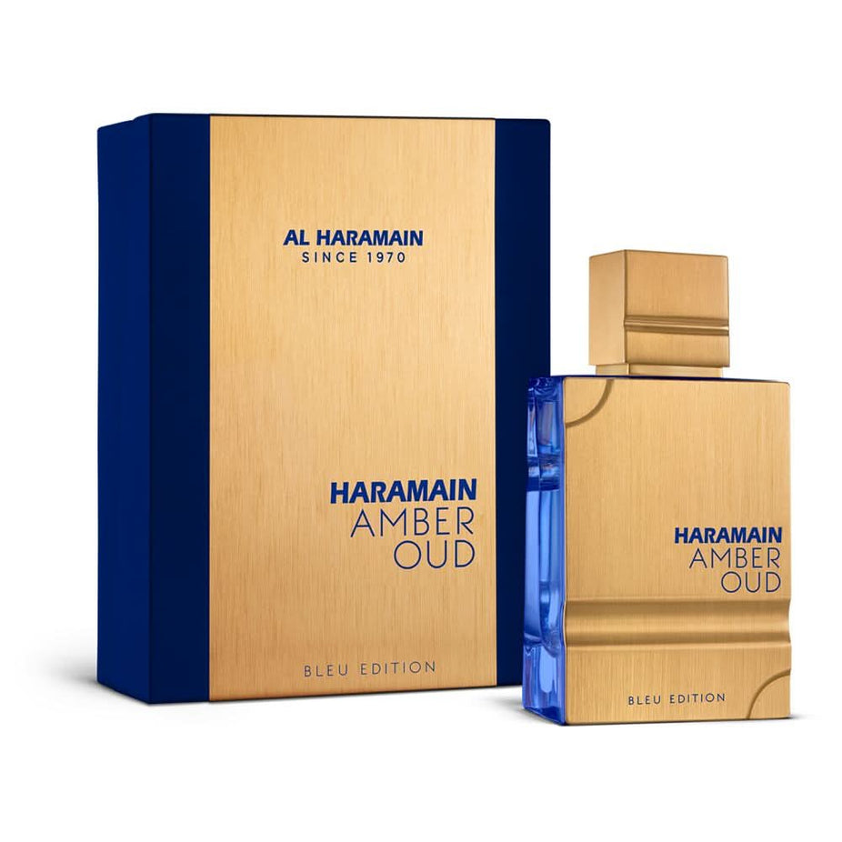 Al Haramain Amber Oud Bleu Edition Eau De Parfum 60ml bottle, featuring a sleek design and blue accents.