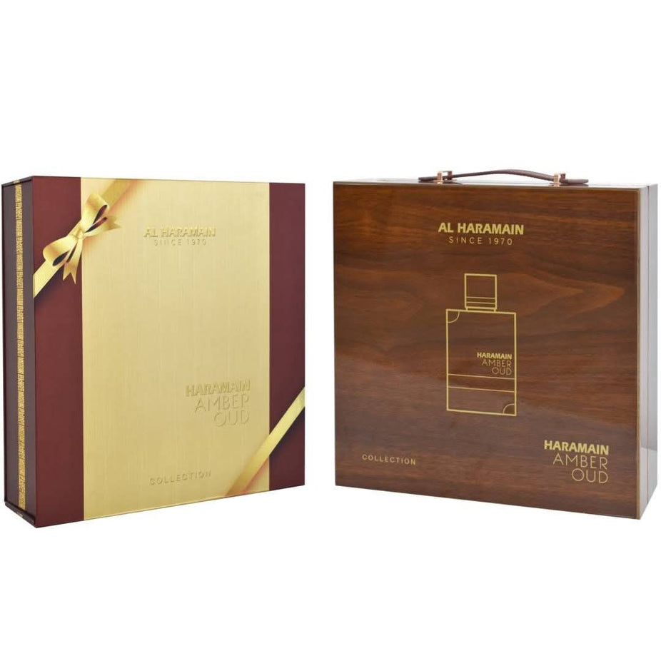 Al Haramain Amber Oud Collection Eau De Parfum gift set with four 60ml bottles featuring warm amber and oud fragrance notes.
