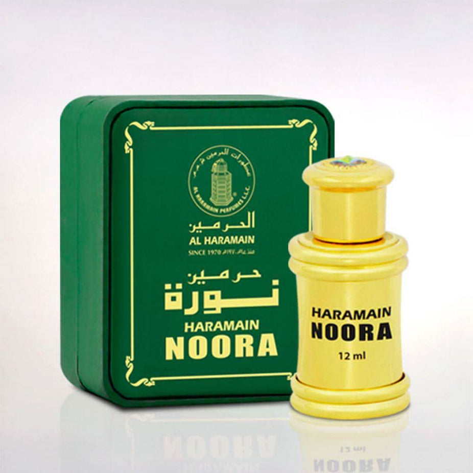 Noora Perfume Oil by Al Haramain in 12ml bottle with elegant box, concentrated perfume oil with floral and fruity notes.