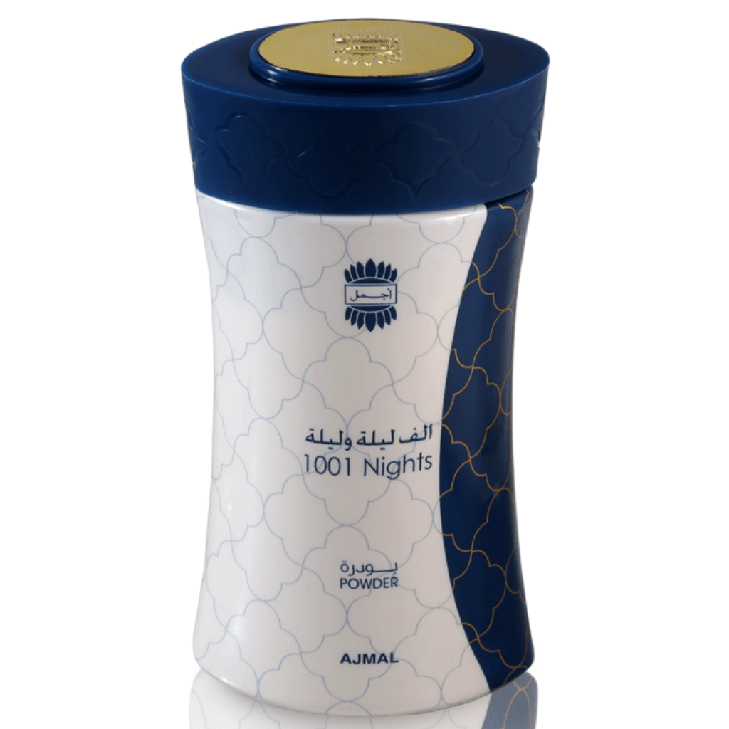 Ajmal 1001 Nights Powder in an 80g jar, front view showing the branded packaging and product label.