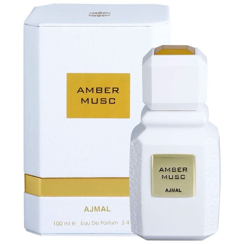 Amber Musc EDP by Ajmal in a 100ml bottle, featuring elegant packaging and the warm, musky scent of the Eau De Parfum.