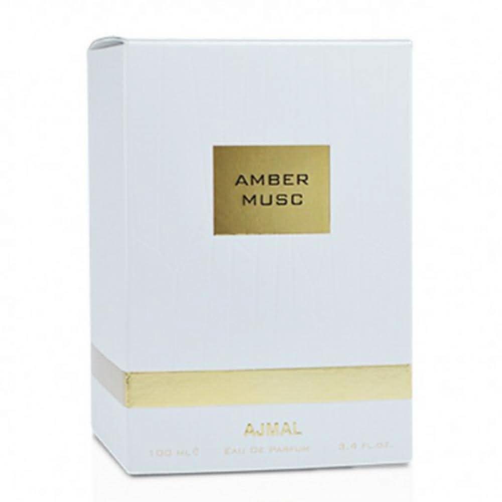 Ajmal Amber Musc Eau De Parfum 100ml bottle with amber-colored liquid and elegant packaging.