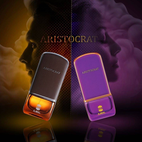 Ajmal Aristocrat EDP 75ml couple set, elegant perfume bottles, showcasing luxurious Eau de Parfum for men and women.