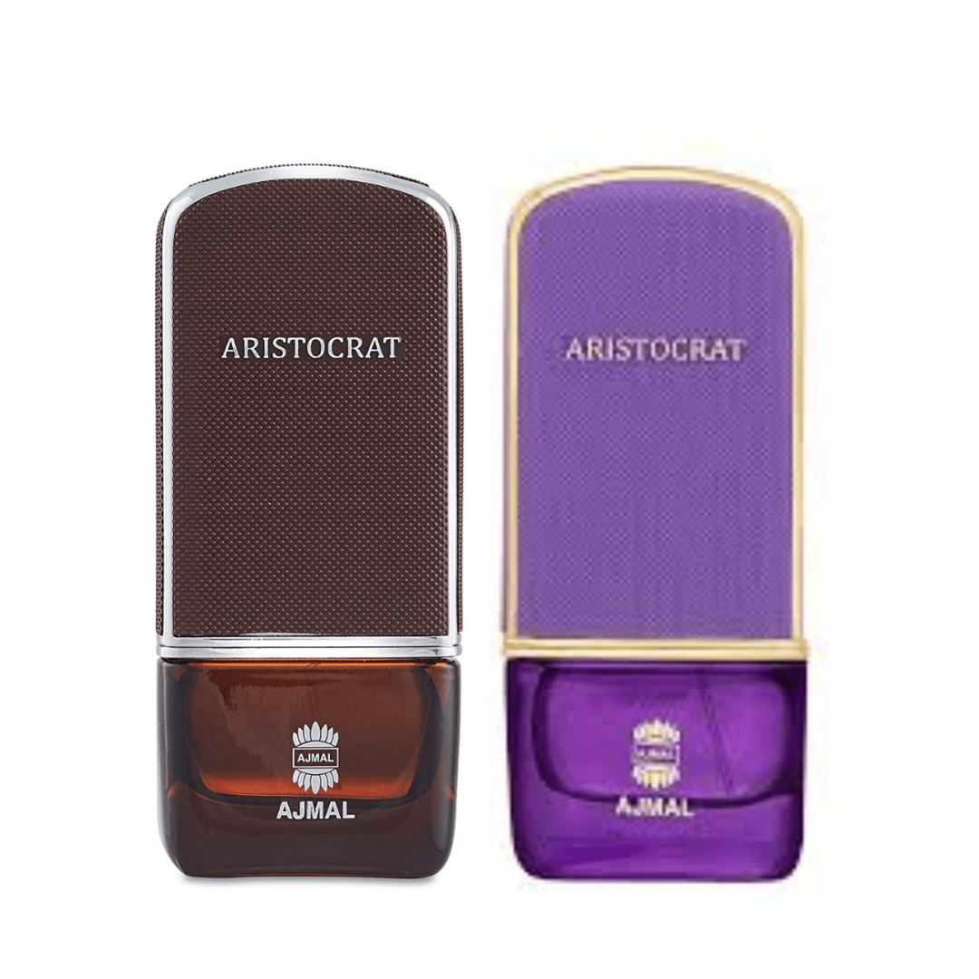 Ajmal Aristocrat EDP 75ml couple set with two perfume bottles and elegant packaging, showcasing luxurious Eau de Parfum for couples.