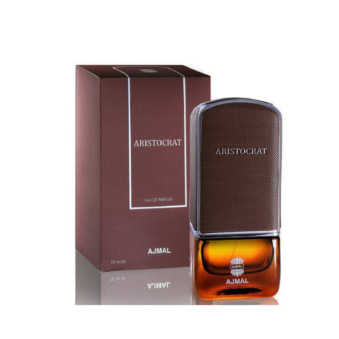 Ajmal Aristocrat EDP 75ml Eau de Parfum couple set, featuring elegant perfume bottles with floral and woody notes.