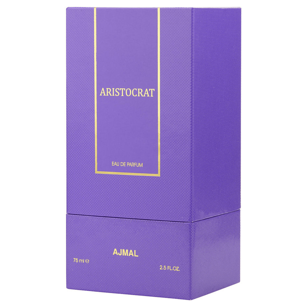 Ajmal Aristocrat for Women Eau De Parfum 75ml bottle, elegant fragrance with floral and woody notes, in a sleek perfume bottle.