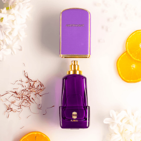 Ajmal Aristocrat for Women EDP bottle, 75ml, elegant perfume with floral and woody notes, showcasing the sleek glass bottle.