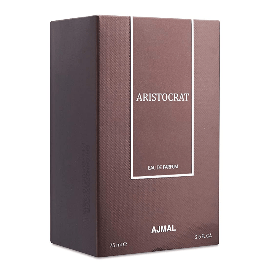 Ajmal Aristocrat for Men Eau De Parfum 75mL bottle, sleek design, showcasing the men's fragrance packaging.