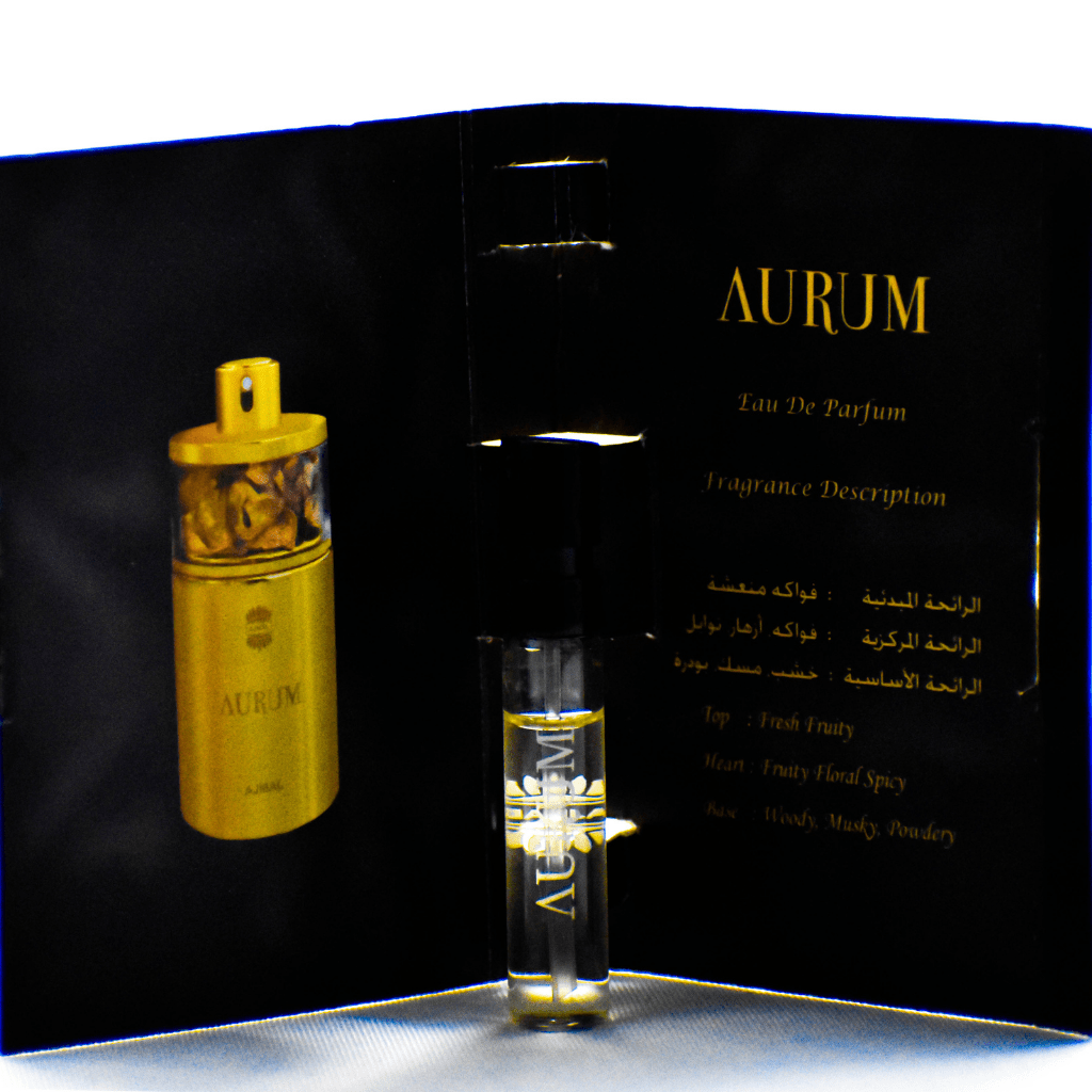 A 1ml Ajmal Aurum EDP sample for women, featuring the elegant perfume bottle with a sleek design and label visible.