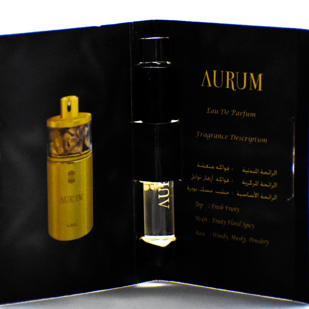 A 1ml Ajmal Aurum EDP sample bottle for women, showcasing the fragrance with elegant packaging and branding.