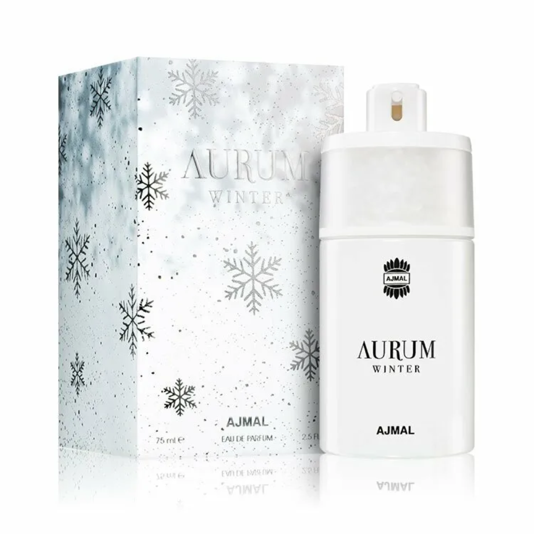 Aurumm Winter Eau De Parfum by Ajmal, 75ml bottle, featuring elegant glass packaging with a textured black cap and gold accents.