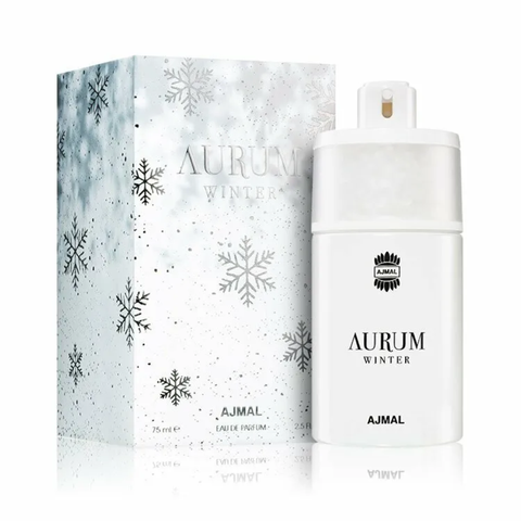 Aurumm Winter Eau De Parfum by Ajmal, 75ml bottle, featuring elegant glass packaging with a textured black cap and gold accents.