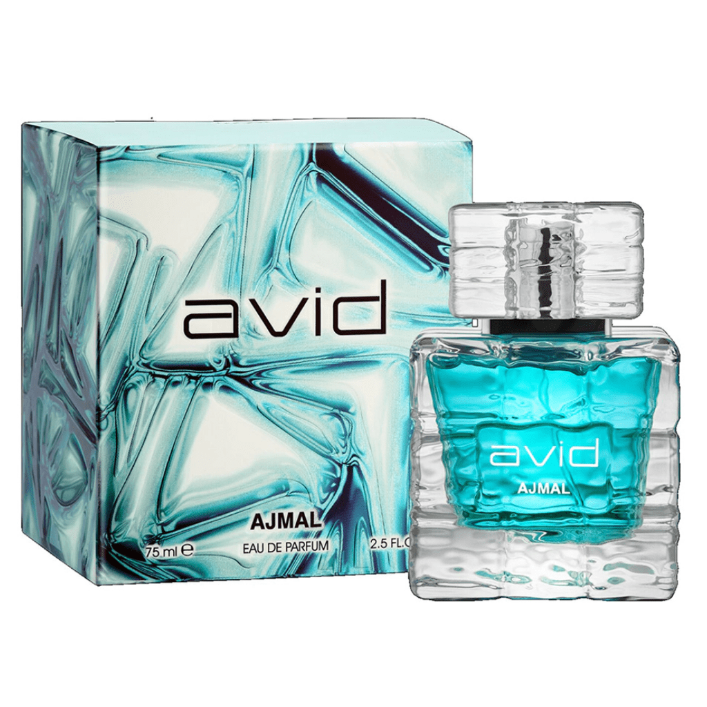 Ajmal Avid for Men Eau De Parfum 75ml bottle, featuring sleek glass design and masculine fragrance packaging.
