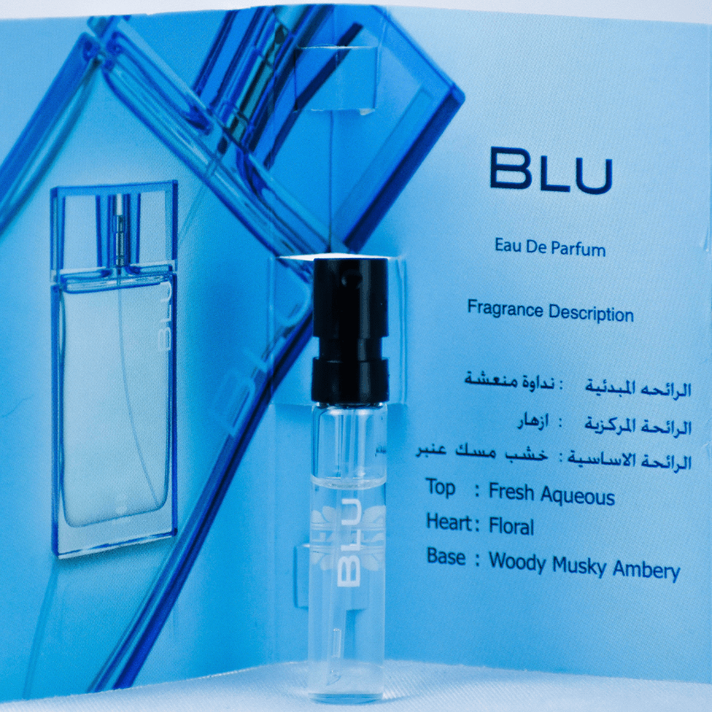 Ajmal Blu EDP sample vial for men, 1ml size with silver cap, showcasing the perfume bottle and sample packaging.