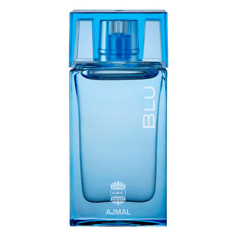 Ajmal Blu for Men concentrated perfume oil in a 10ml bottle, featuring a sleek design and blue packaging.