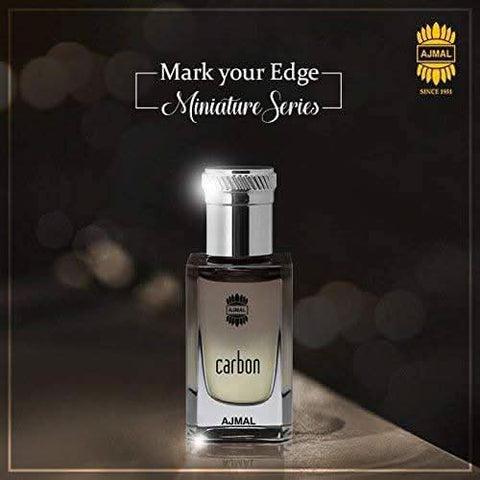 Ajmal Carbon for Men perfume oil in a 10ml bottle, concentrated CPO with sleek packaging and dark amber fragrance liquid.