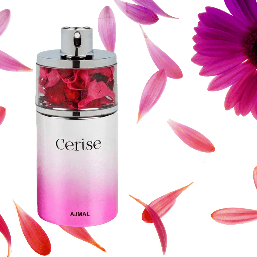 Ajmal Cerise for Women Eau De Parfum 75ml bottle with elegant pink floral design, showcasing the luxurious fragrance packaging.