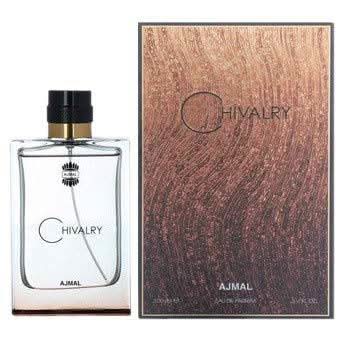 Ajmal Chivalry Eau De Parfum 100ml bottle with cap, elegant design, showcasing the fragrance's luxurious packaging.