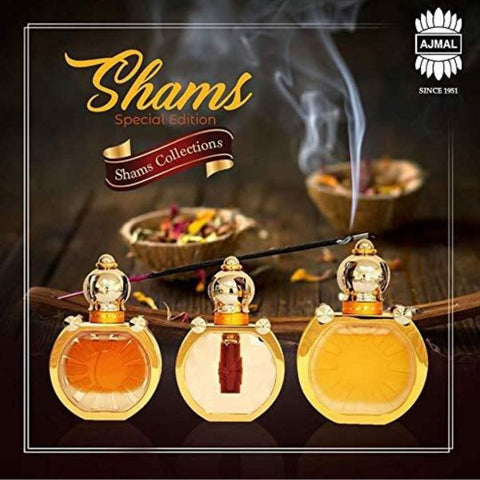 Ajmal Dahn Al Oud Shams Special Edition EDP unisex perfume 30mL bottle with intricate gold and black packaging.