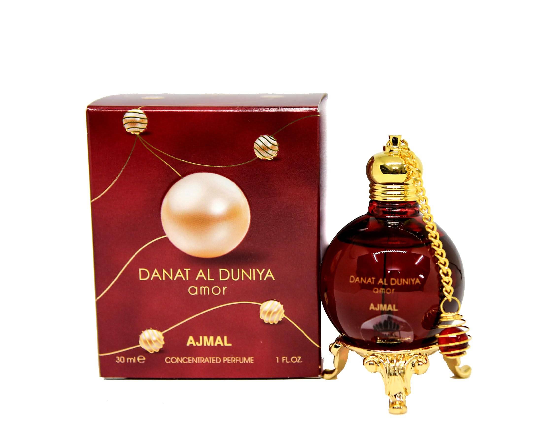 Ajmal Danat al Dunya Amor perfume oil in a 30ml glass bottle, concentrated CPO by Ajmal with elegant packaging.