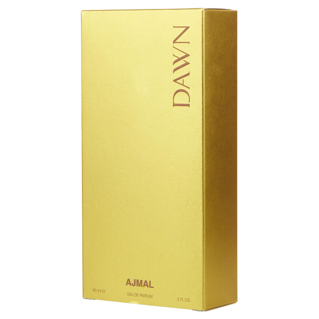 Ajmal Dawn EDP Eau De Parfum bottle, 90ml, with floral and woody scent notes, displayed in a clear glass bottle.