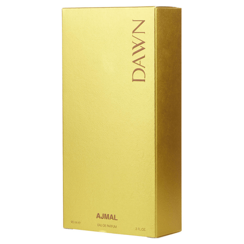 Ajmal Dawn EDP Eau De Parfum bottle, 90ml, with floral and woody scent notes, displayed in a clear glass bottle.