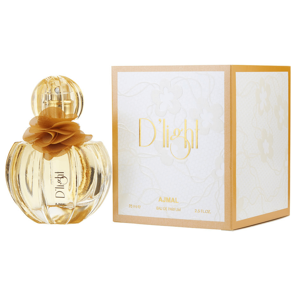 D'Light for Women Eau De Parfum by Ajmal, 75ml bottle with elegant packaging, floral and fruity fragrance notes.