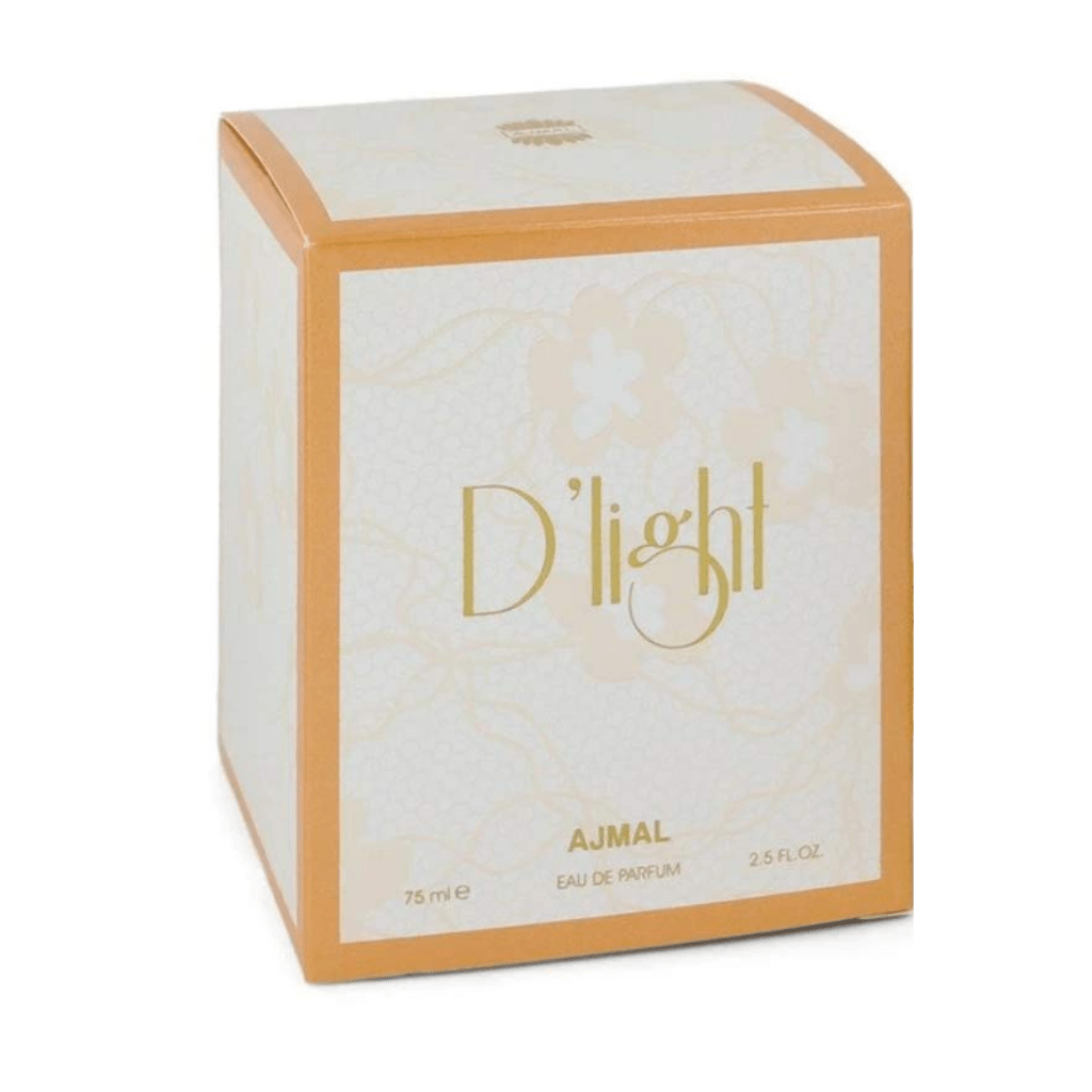 D'Light for Women Eau De Parfum by Ajmal in 75ml bottle, featuring elegant packaging and a floral fragrance design.