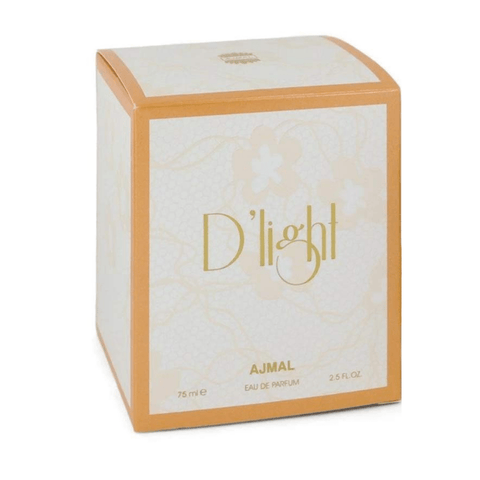 D'Light for Women Eau De Parfum by Ajmal in 75ml bottle, featuring elegant packaging and a floral fragrance design.