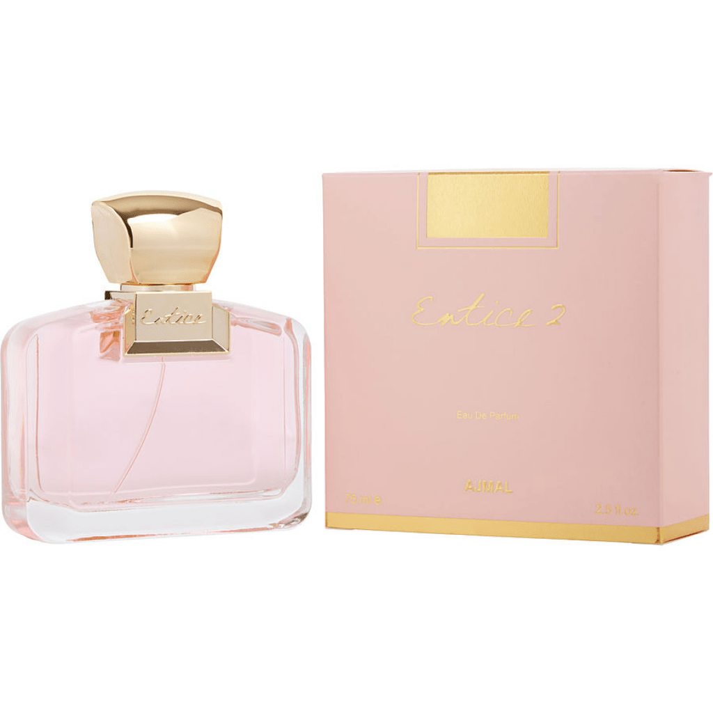 Ajmal Entice 2 Women Eau De Parfum 75ml bottle, elegant fragrance bottle with floral and fruity scent accents.