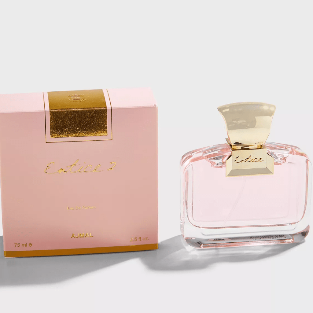 Ajmal Entice 2 for Women Eau De Parfum 75ml bottle, elegant fragrance bottle with floral and fruity scent notes.